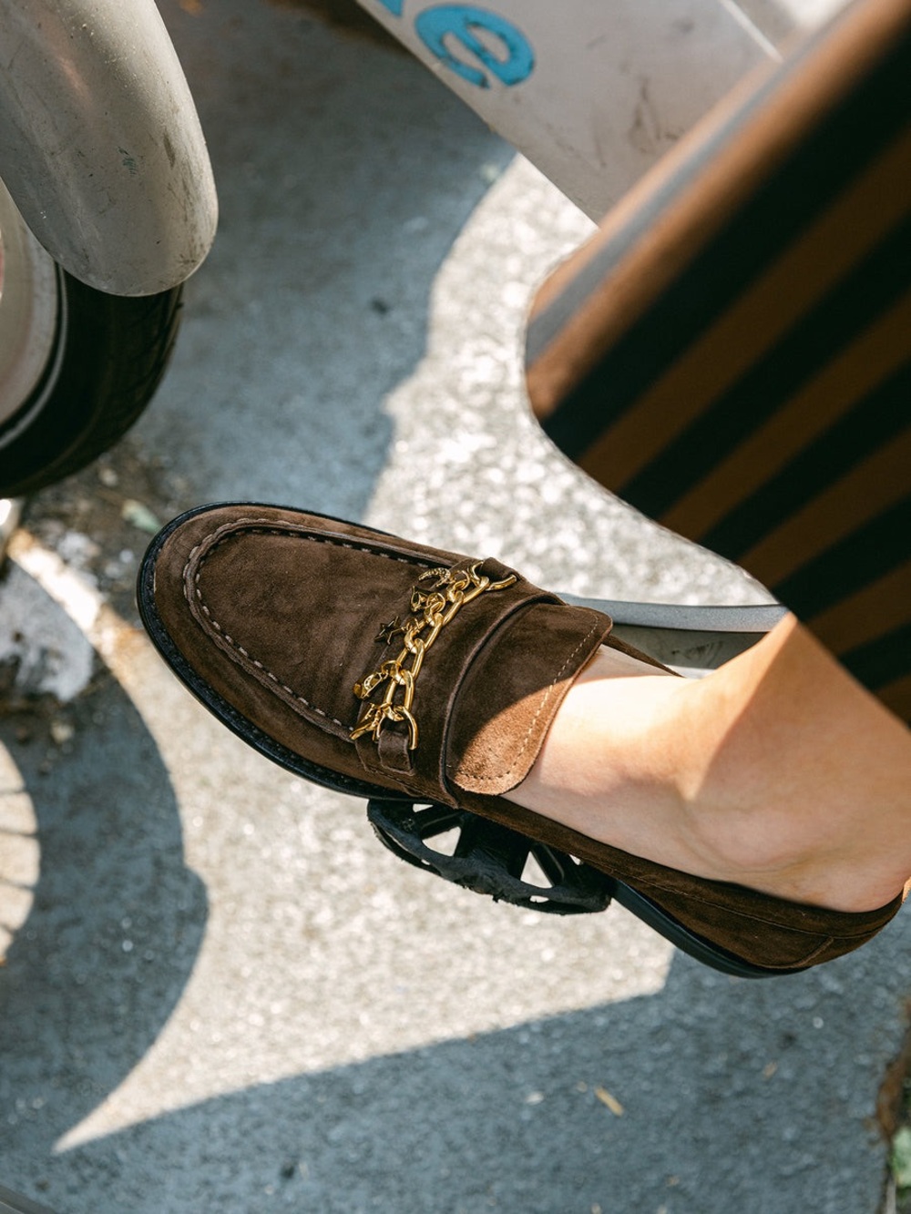 Dolce Vita Brown Suede Loafers with Gold Charm Chain